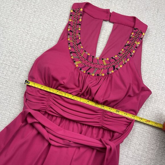 Pink Sleeveless Fit & Flare Cocktail Dress Embellished Scoop Neck Ruched Read - Picture 7 of 10